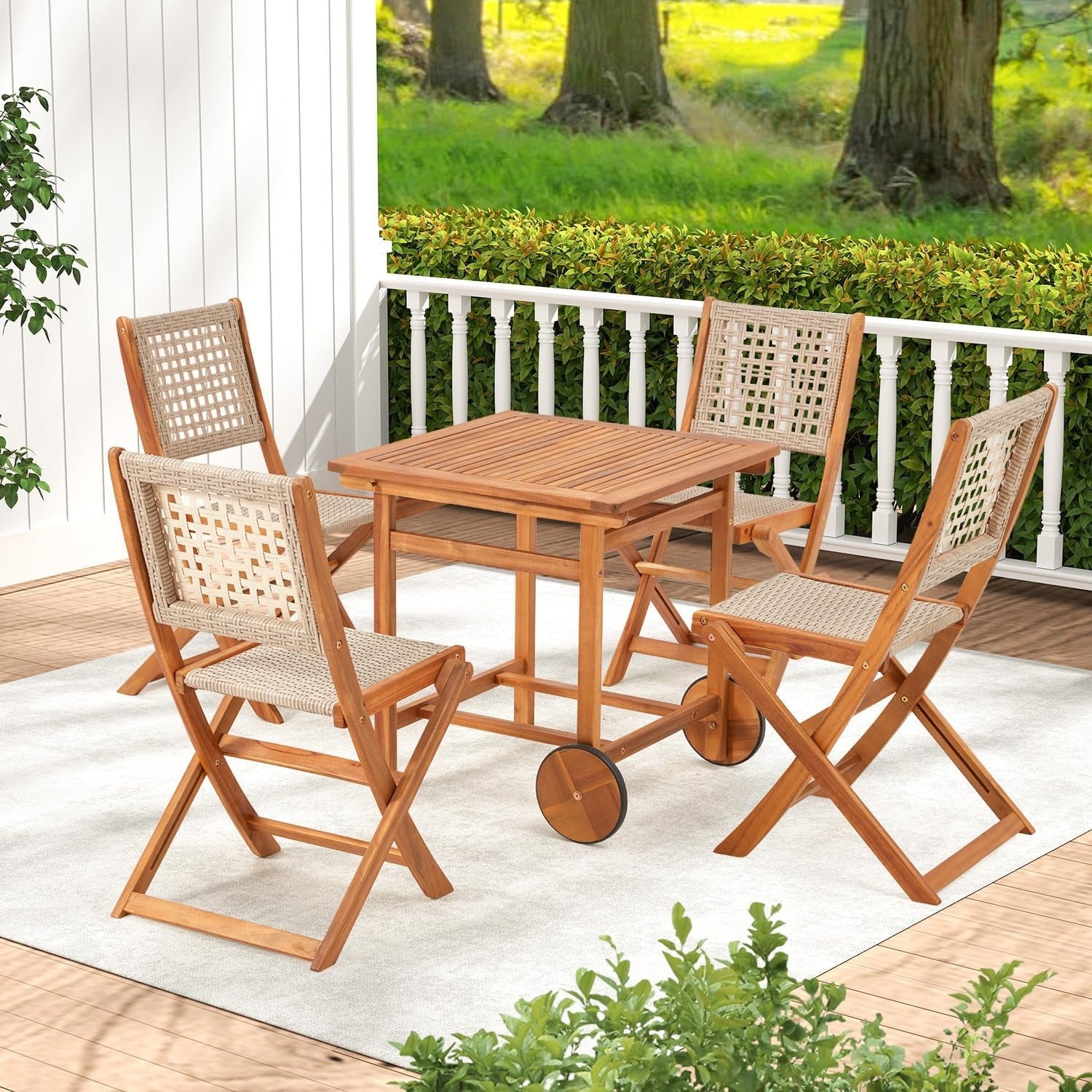 YODOLLA Outdoor Folding Chairs Set, Wooden Patio Dining Set