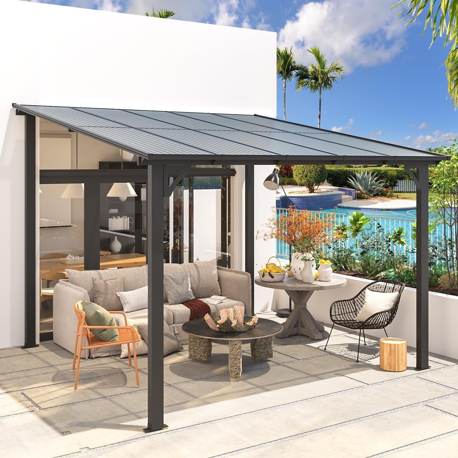 YODOLLA 10’ x 10’ Gazebo, Wall Mounted Gazebos Pergola, Enhanced Protective Outdoor Patio Lean to Gazebo Awnings for Deck, Porch, Backyard and More