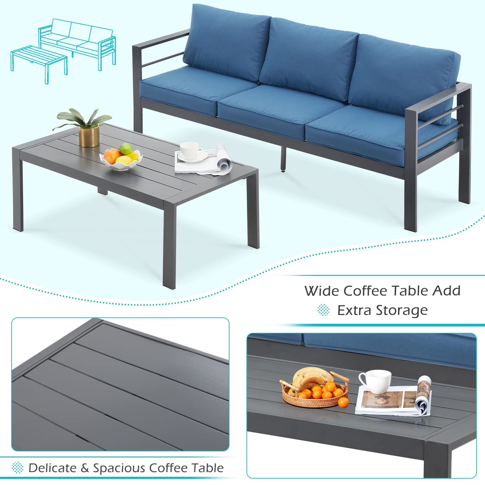 YODOLLA 7 Pieces Aluminum Patio Furniture Set, Blue
