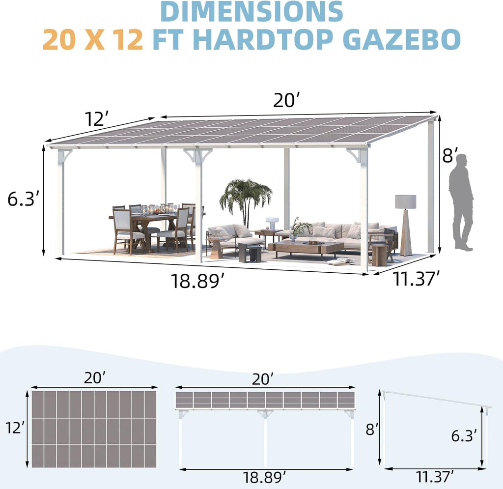 YODOLLA 20'x12' Wall Mounted Gazebos Pergola, White