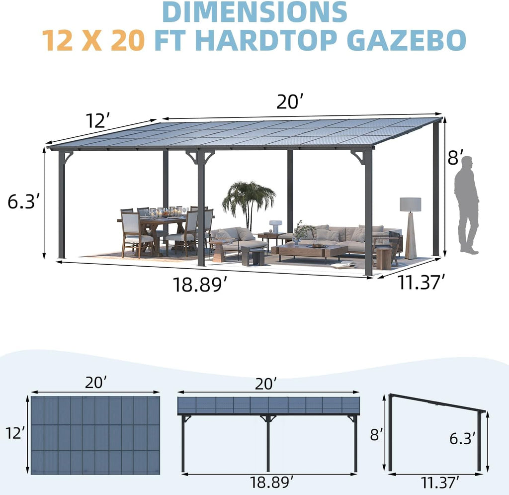 YODOLLA 20' x 12' Gazebo for Patio, Large Wall-Mounted Hard Top Lean-to Gazebo Pergola with Roof 12' x 20' on Clearance, Heavy Duty Patio Awnings for Decks, Backyard