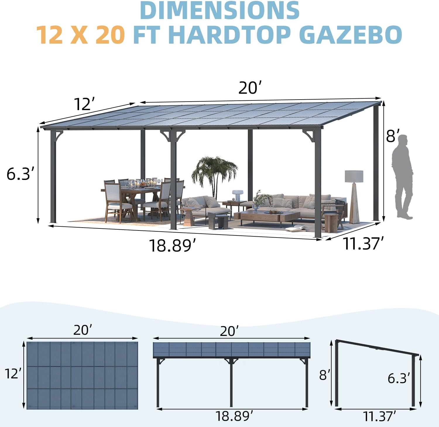 YODOLLA 20' x 12' Gazebo for Patio, Large Wall-Mounted Hard Top Lean-to Gazebo Pergola with Roof 12' x 20' on Clearance, Heavy Duty Patio Awnings for Decks, Backyard