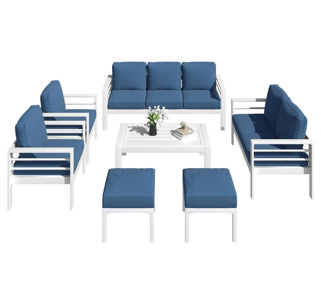 YODOLLA 7-Piece Patio Set, Aluminum, Blue Cushions
