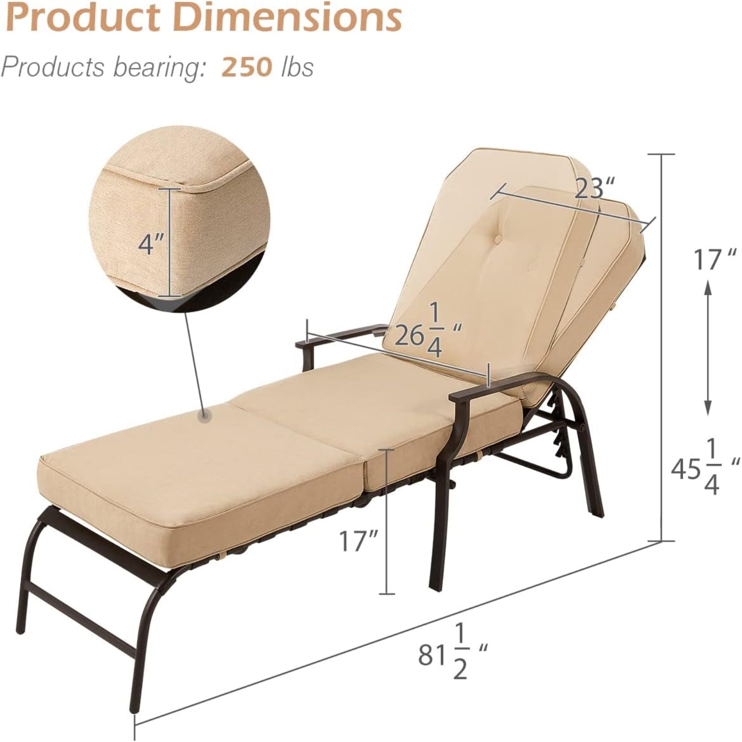 YODOLLA Adjustable Outdoor Chaise Lounge, Beige