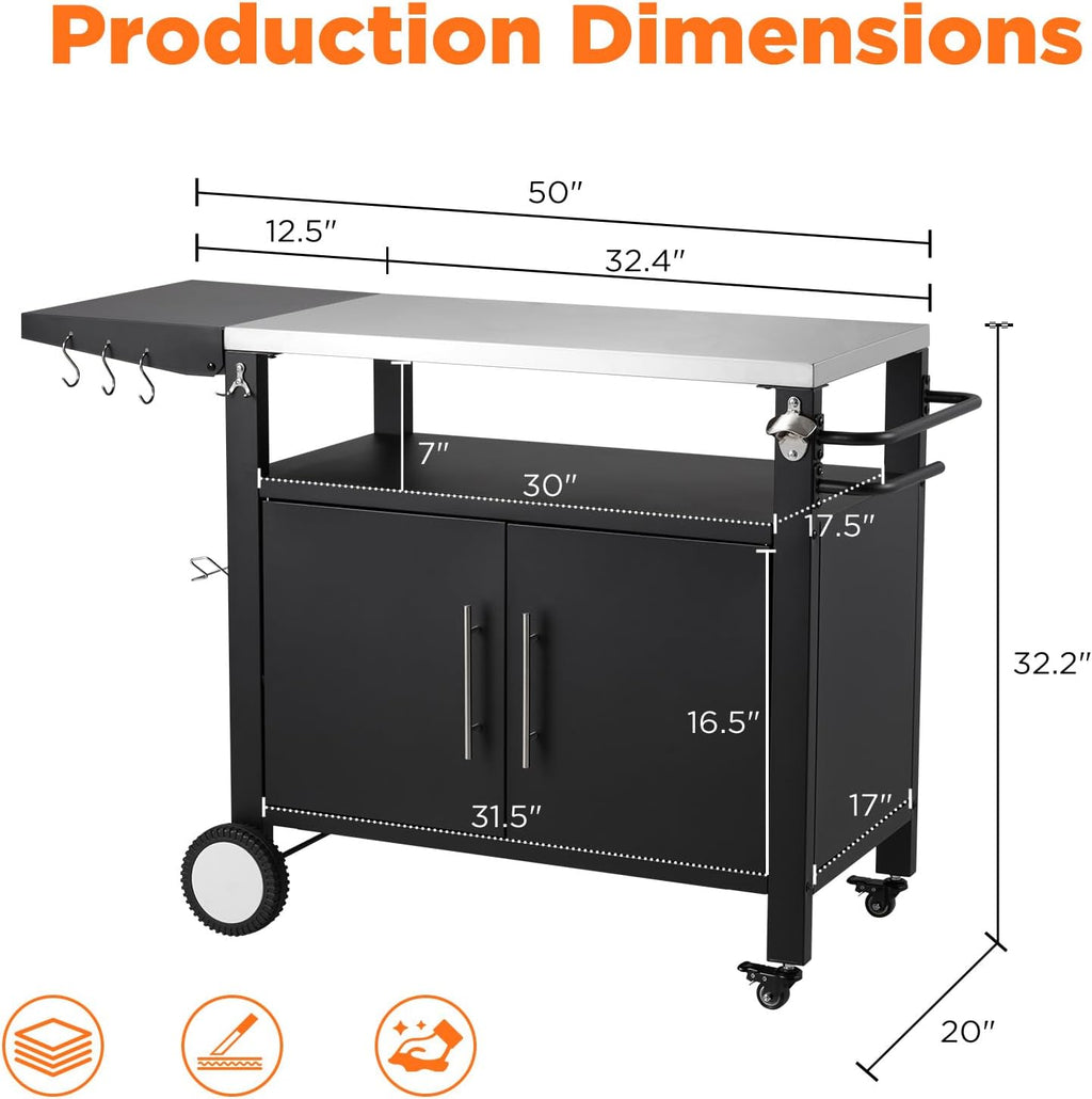 YODOLLA Outdoor Grill Table with Storage Cabinet, Rolling Bar Grill Cart 50’’×20’’×32.2’’