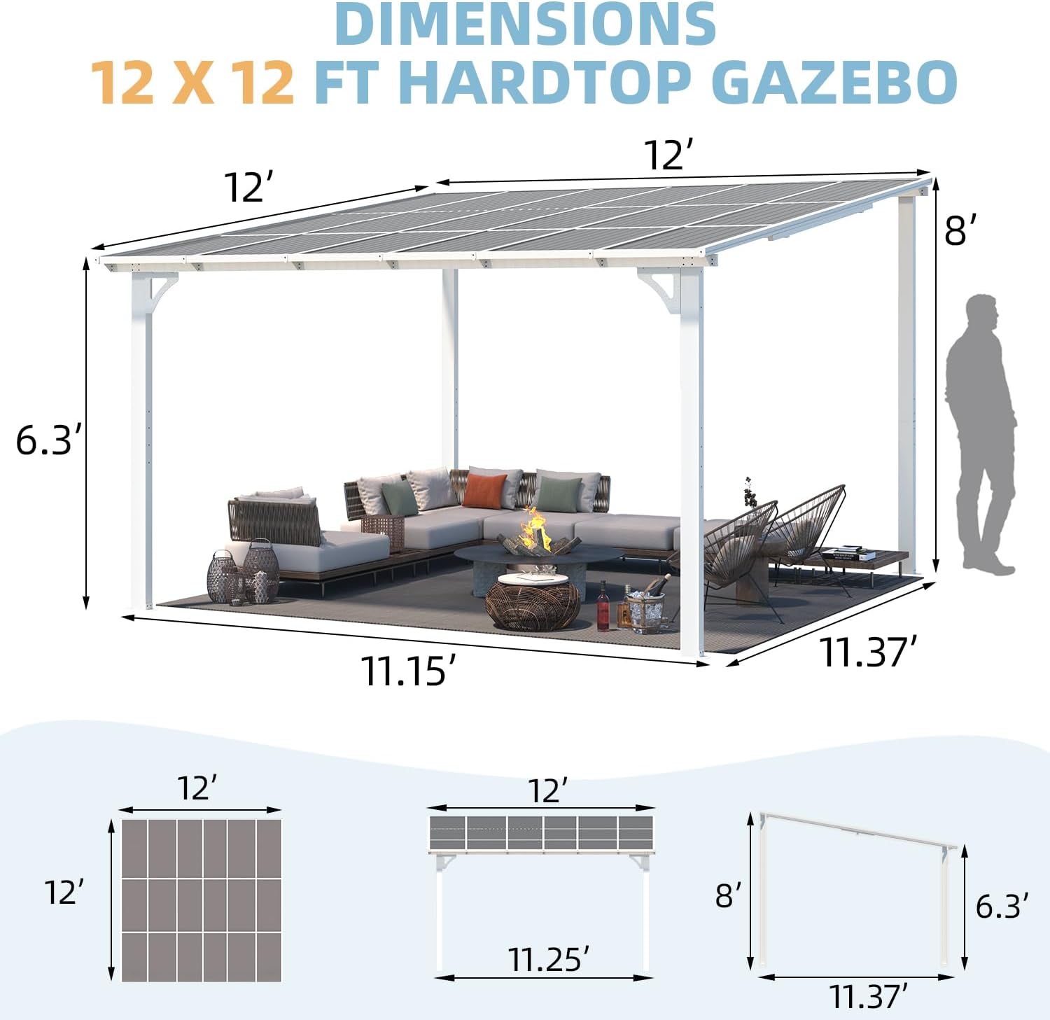 YODOLLA 12' x 12' Large Outdoor Wall Mounted Gazebos, White