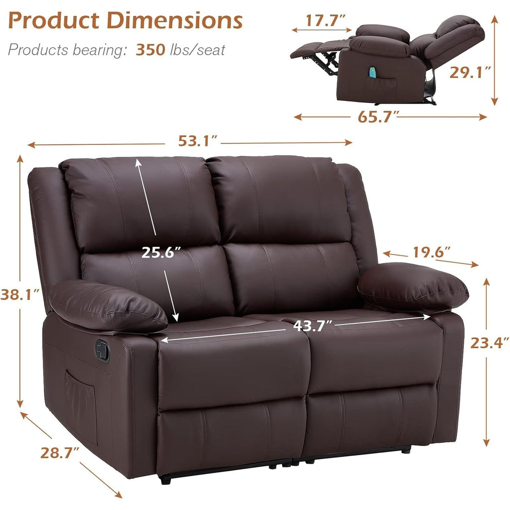 YODOLLA 2 Seat Loveseat Recliner with Heat&Massage Function, Faux Leather, Brownbest