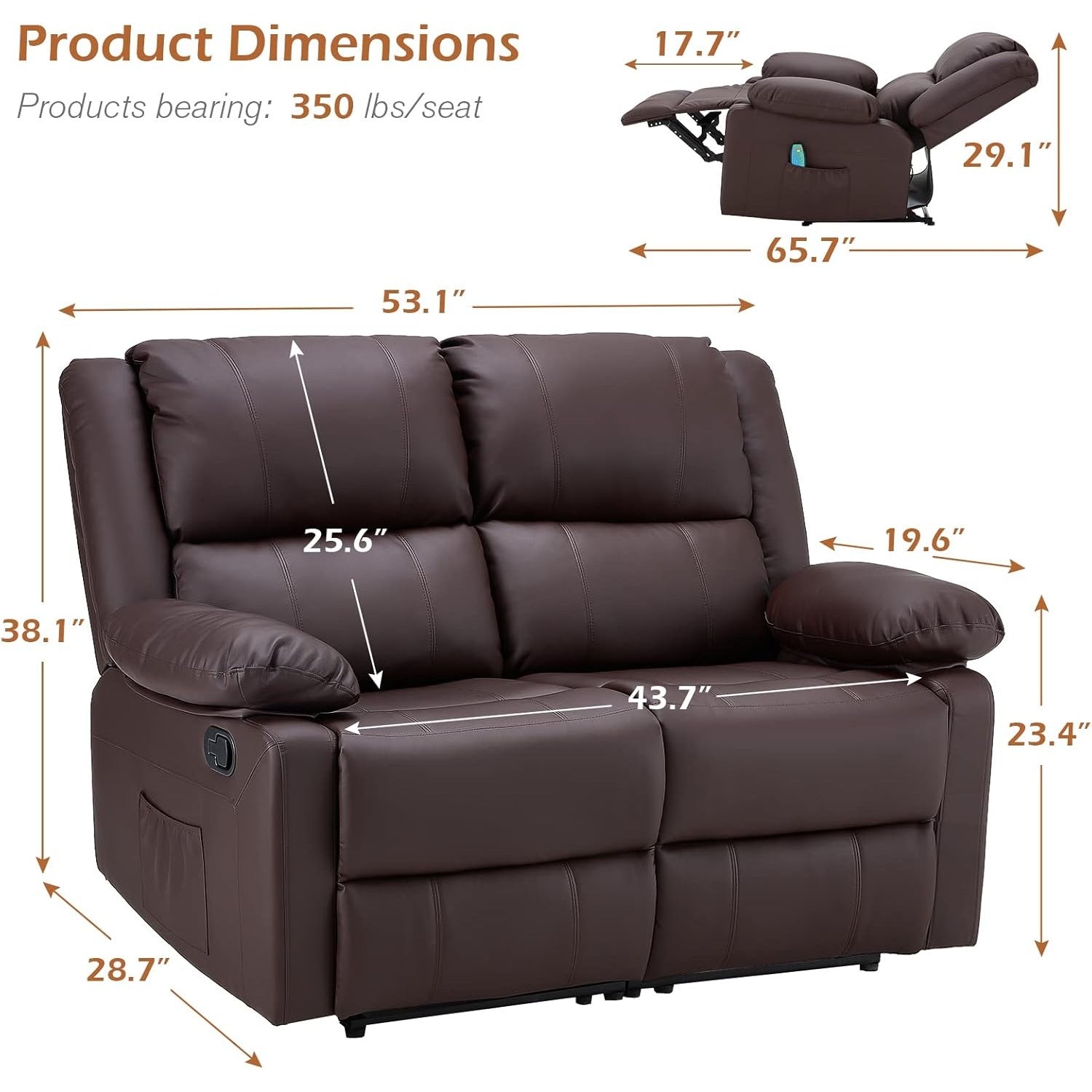 YODOLLA 2 Seat Loveseat Recliner with Heat&Massage Function, Faux Leather, Brownbest