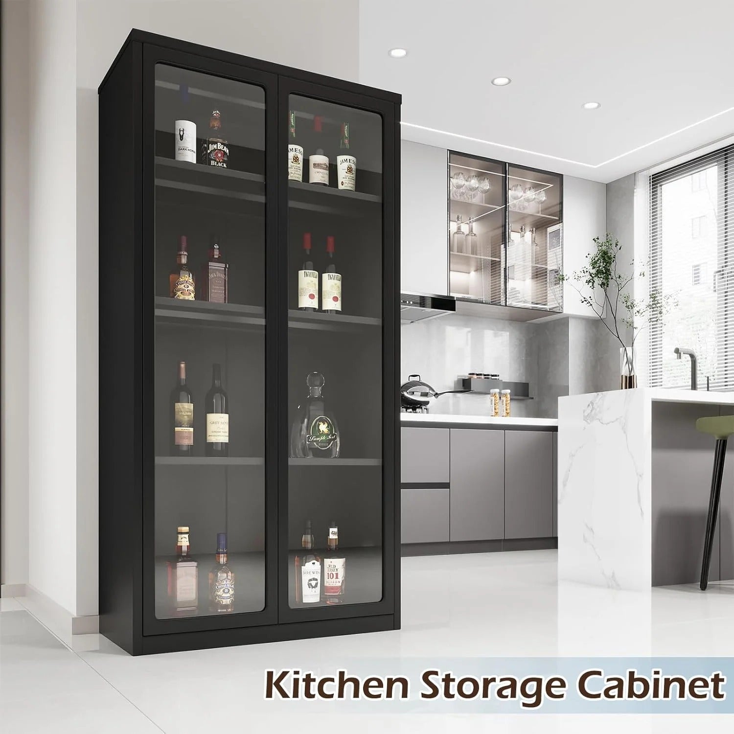 YODOLLA Display Cabinet with Acrylic Glass Doors and 3 Adjustable Shelves