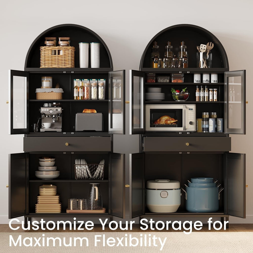 YODOLLA 73'' Kitchen Pantry, Metal Arched Storage Cabinet with Glass Doors/Adjustable Shelfs/Drawerbest