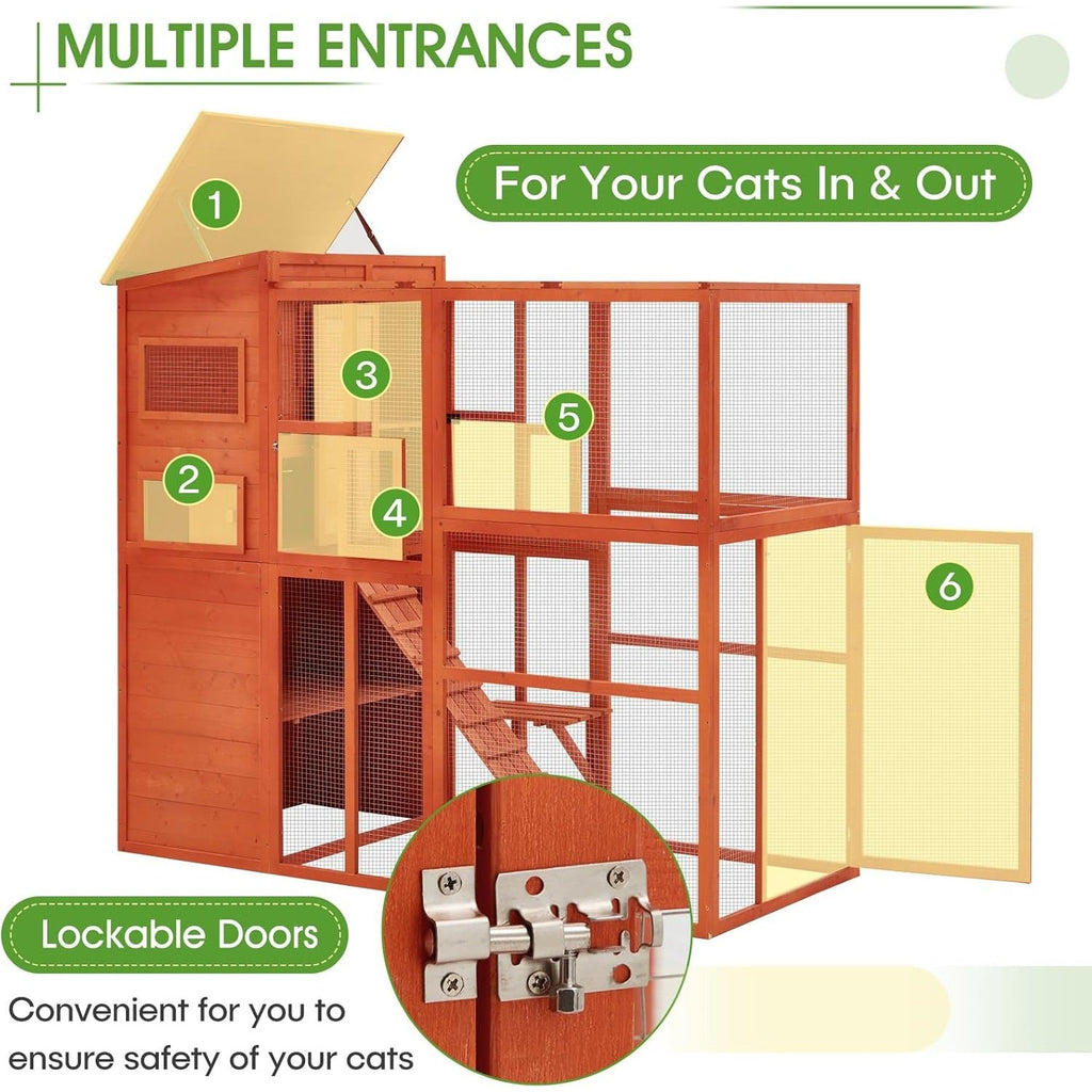 YODOLLA Large Spacious Cat Cage with Weatherproof Roof, Natural Wood