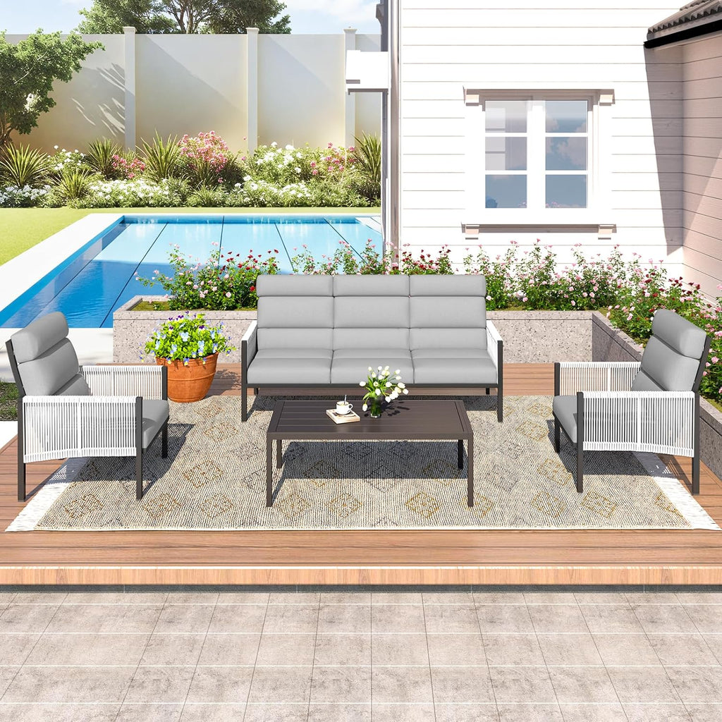 YODOLLA 4 Pieces Aluminum Patio Furniture Set with PE Rope Armrest, Light Greybest