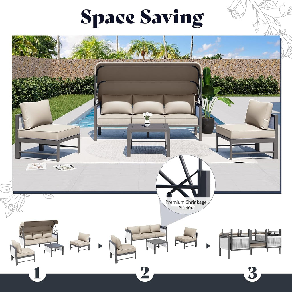 YODOLLA 4 Pieces Aluminum Patio Furniture Set, Retractable Canopy, Beige
