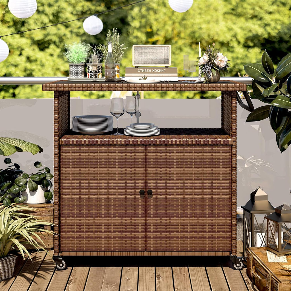 YODOLLA Outdoor Bar Cart, Patio Storage Grill Cart with Handles,Brownbest