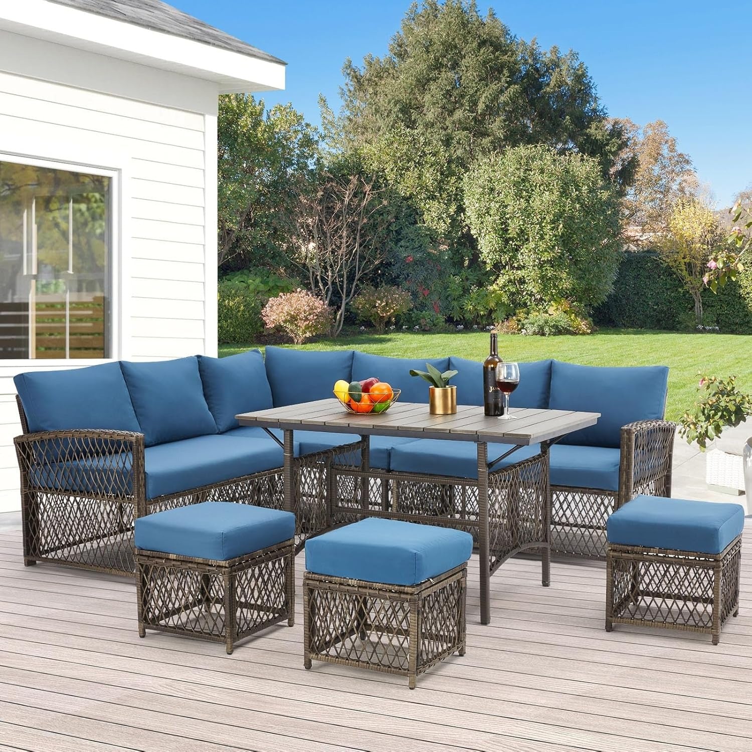 YODOLLA 7 Pieces Wicker Conversation Set with Ottoman Patio Furniture Set, Blue
