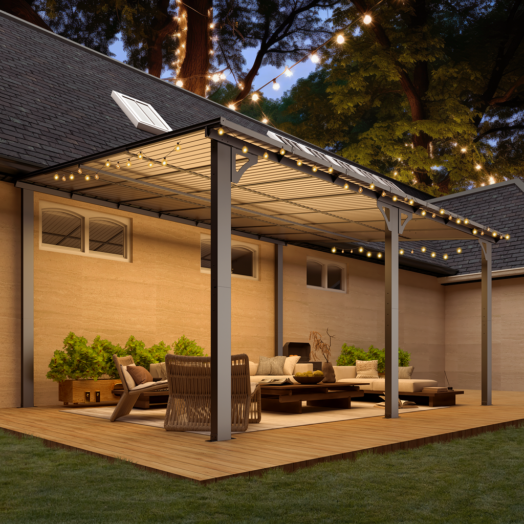 YODOLLA 14' x 12' Hard Top Lean to Gazebo Outdoor Pergola, Dark Gray