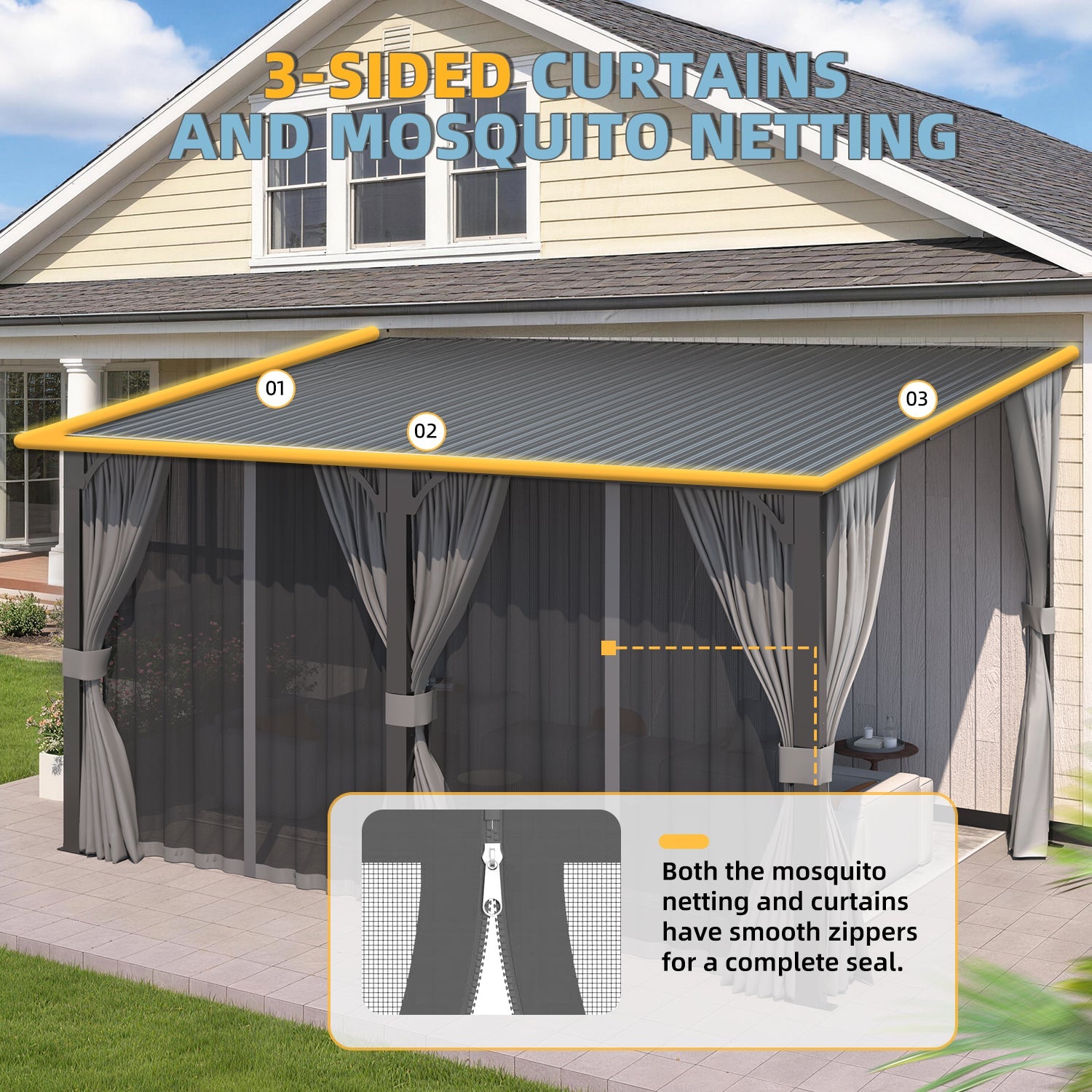 YODOLLA 16'x8' Outdoor Hardtop Metal Gazebo with Curtain and Netting