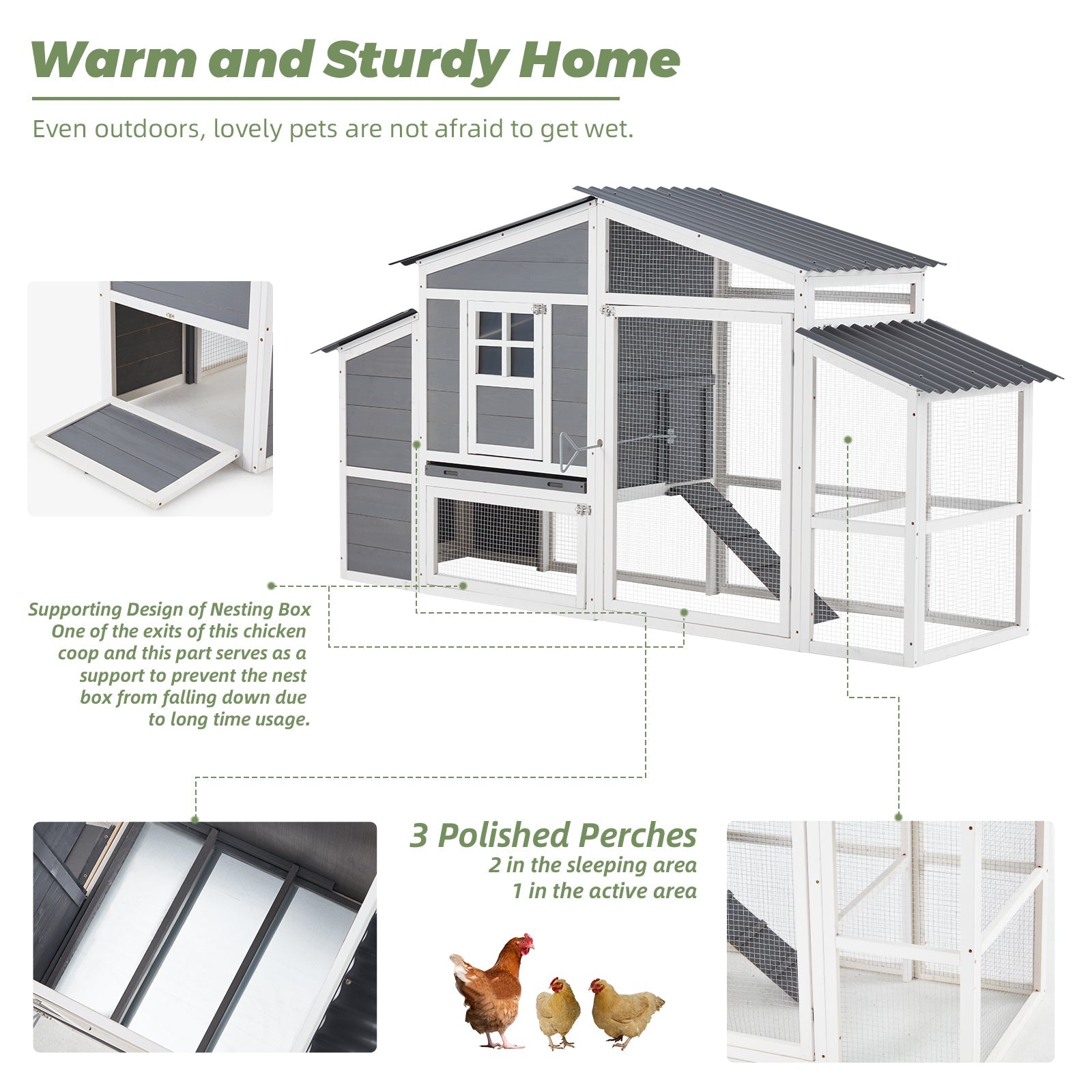 YODOLLA 81” Large Chicken Coop Wooden Hen House Poultry Cage, Grey & White