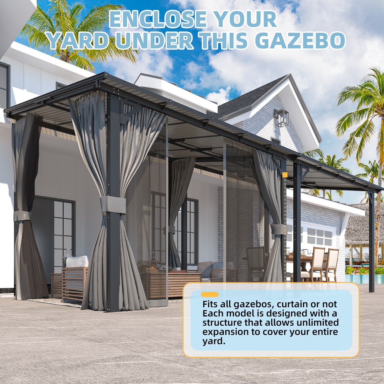 YODOLLA 10' X 8' Small Wall-Mounted Lean to Pergola Gazebo with Curtains and Netting