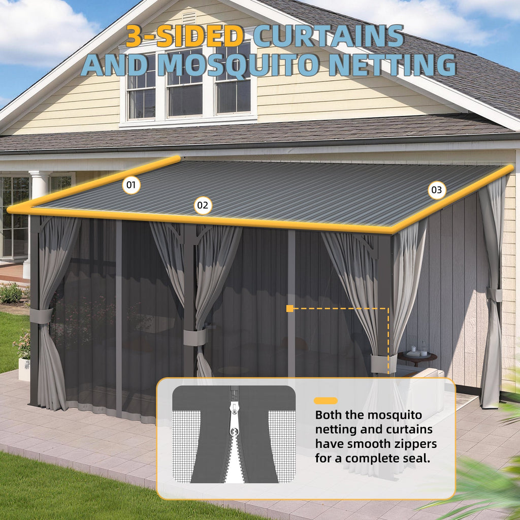 YODOLLA 20'x10' Outdoor Hardtop Metal Gazebo with Curtains and Netting for Patio