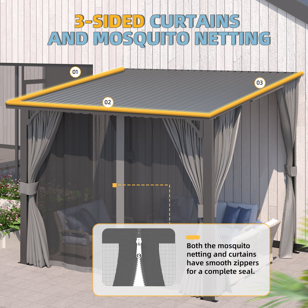 YODOLLA 12'x8' Outdoor Hardtop Gazebo Pergola with Curtains and Netting for Patio