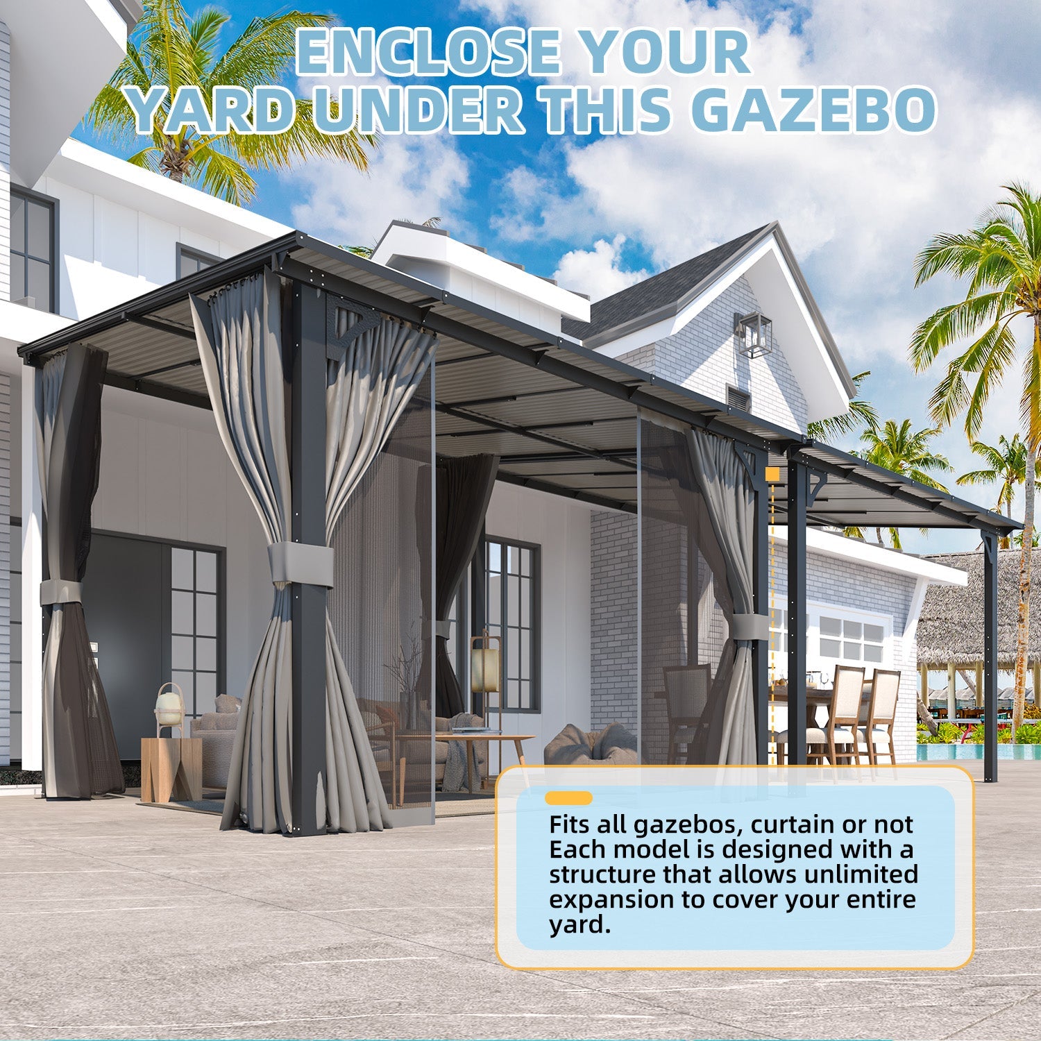 YODOLLA 10’ x 10’ Wall-Mounted Lean to Pergola Gazebo with Curtains and Netting