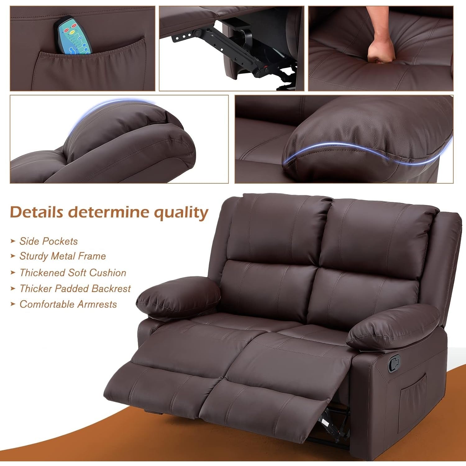 YODOLLA 2 Seat Loveseat Recliner with Heat&Massage Function, Faux Leather, Brownbest