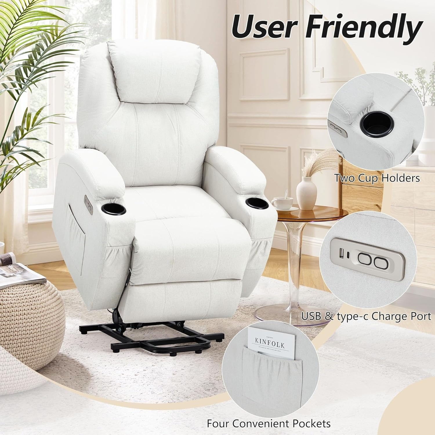 YODOLLA Power Lift Recliner Chair for Elderly with Side Pockets, Fabric, White