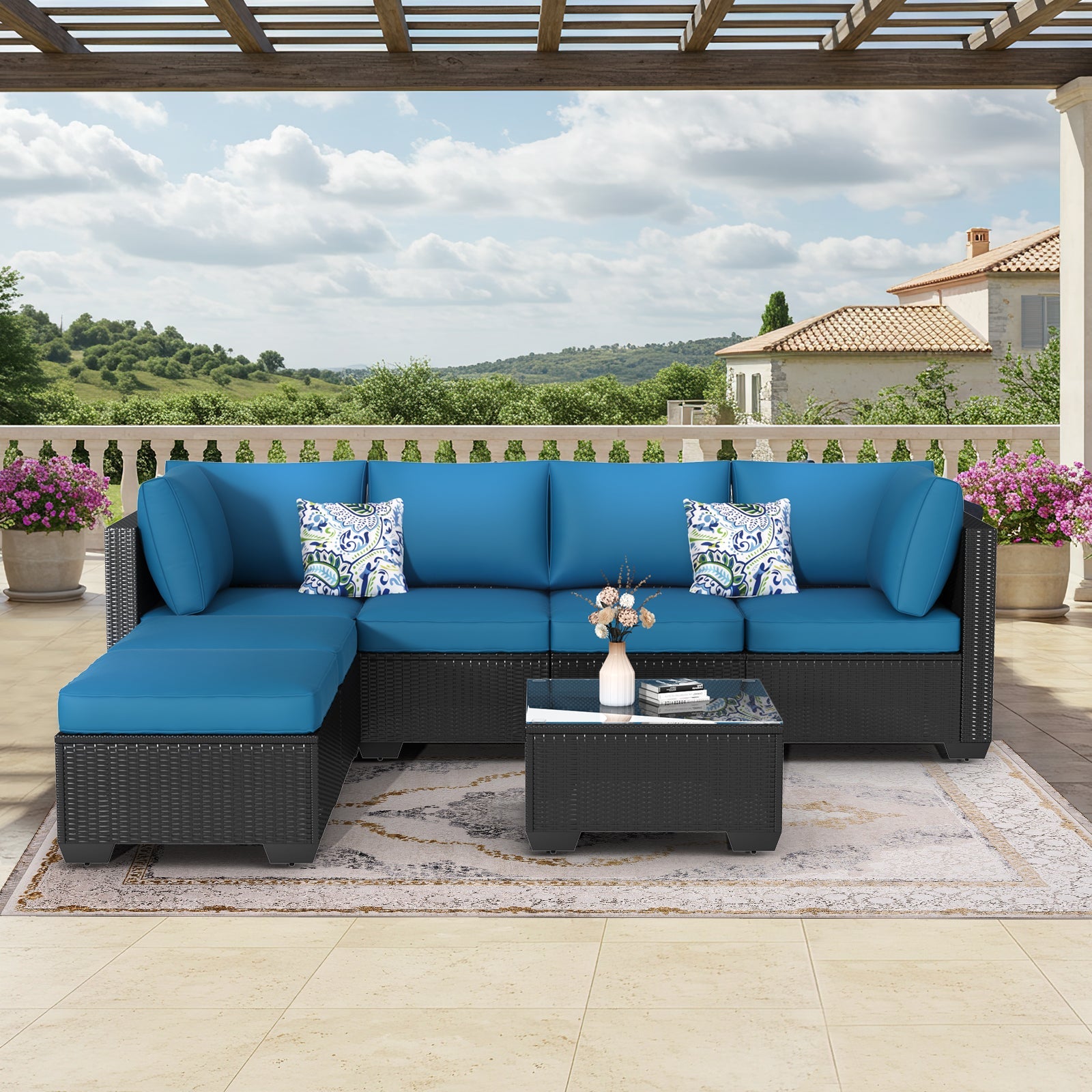 YODOLLA 7 Piece Outdoor Patio Furniture Set, Black & Peacok Bluebest