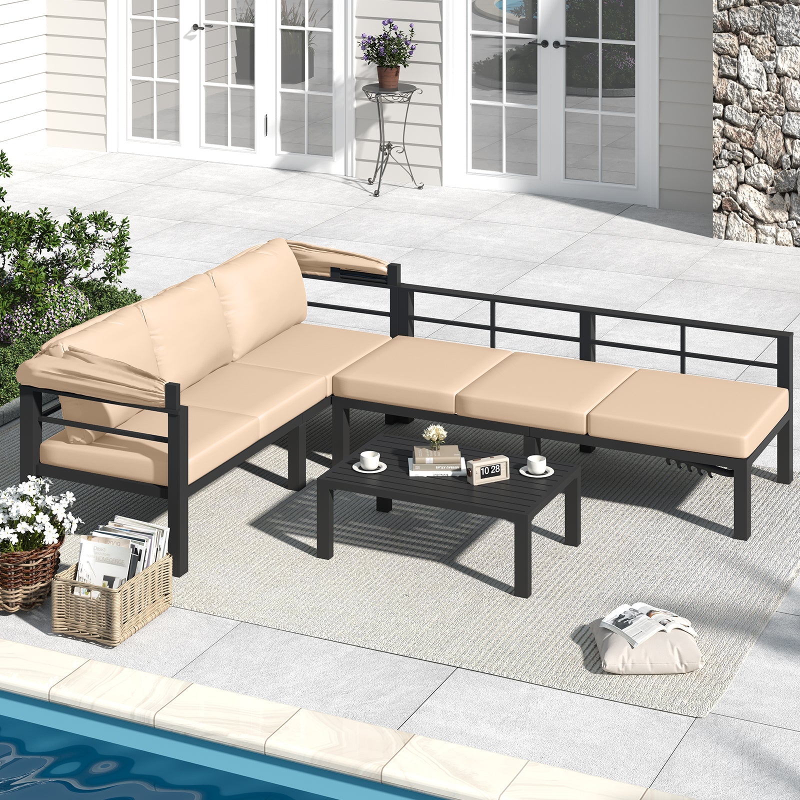 YODOLLA Patio Furniture Set with Retractable Canopy, Beigebest