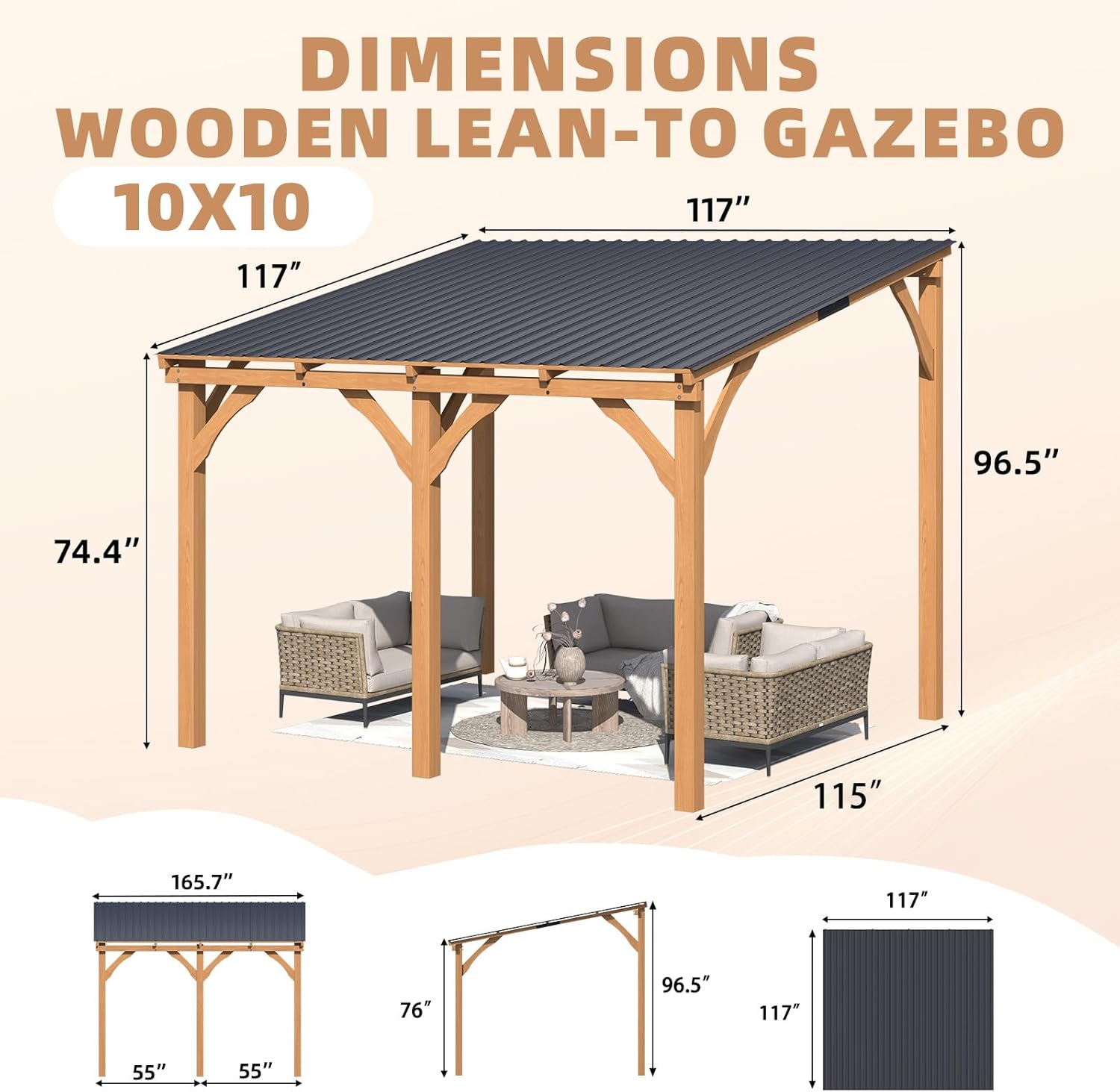 YODOLLA Outdoor Wooden Gazebo, Patio Lean to Hardtop Pergolas and Gazebos