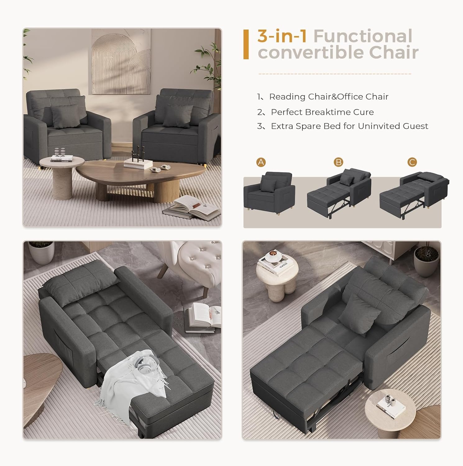 YODOLLA 36" Convertible Chair Bed, Modern Greybest