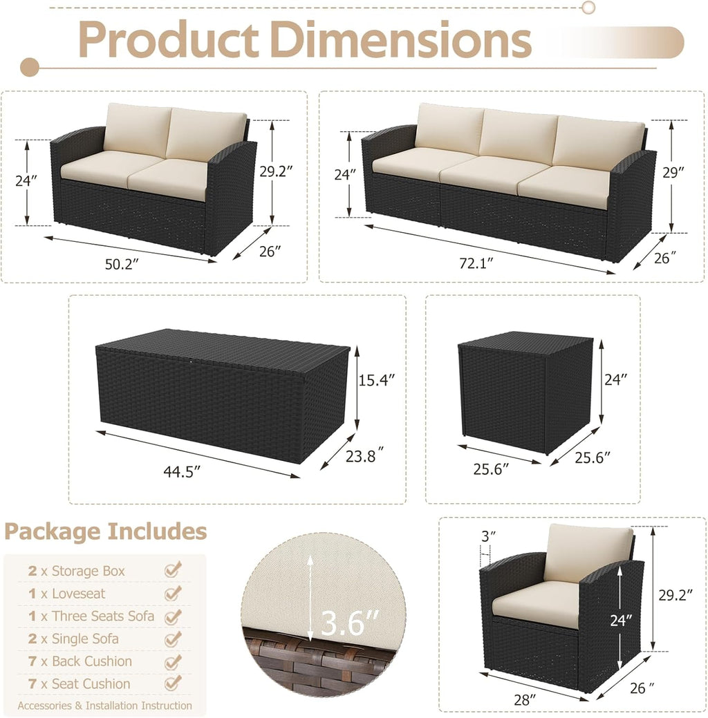 YODOLLA 7 PCS Outdoor Patio Furniture Sets with 2 Storage Boxes, Black & Beigebest