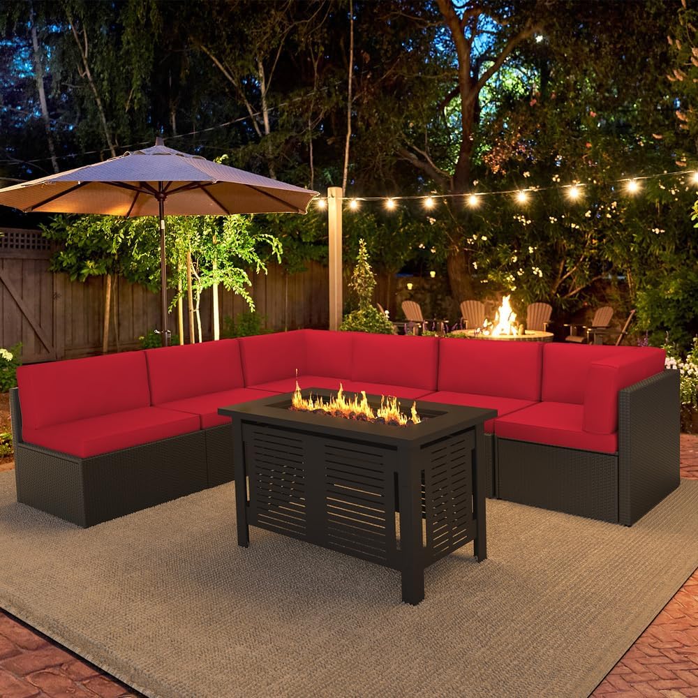 YODOLLA 7 Piece Outdoor Patio Furniture Set with Extra 43'' Fire Pit Table, Brown Rattan & Red Cushion