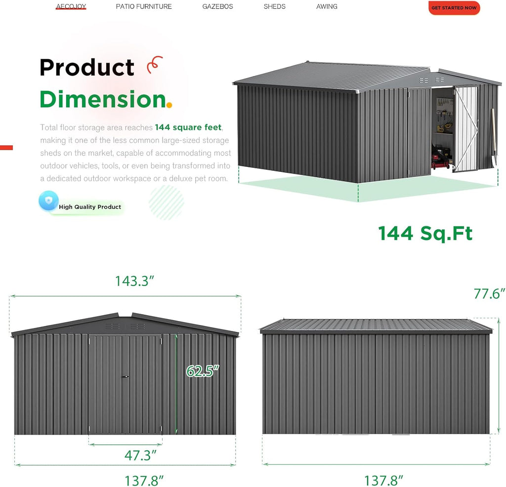 YODOLLA Shed 12' x 12' Storage Shed, Dark Grey