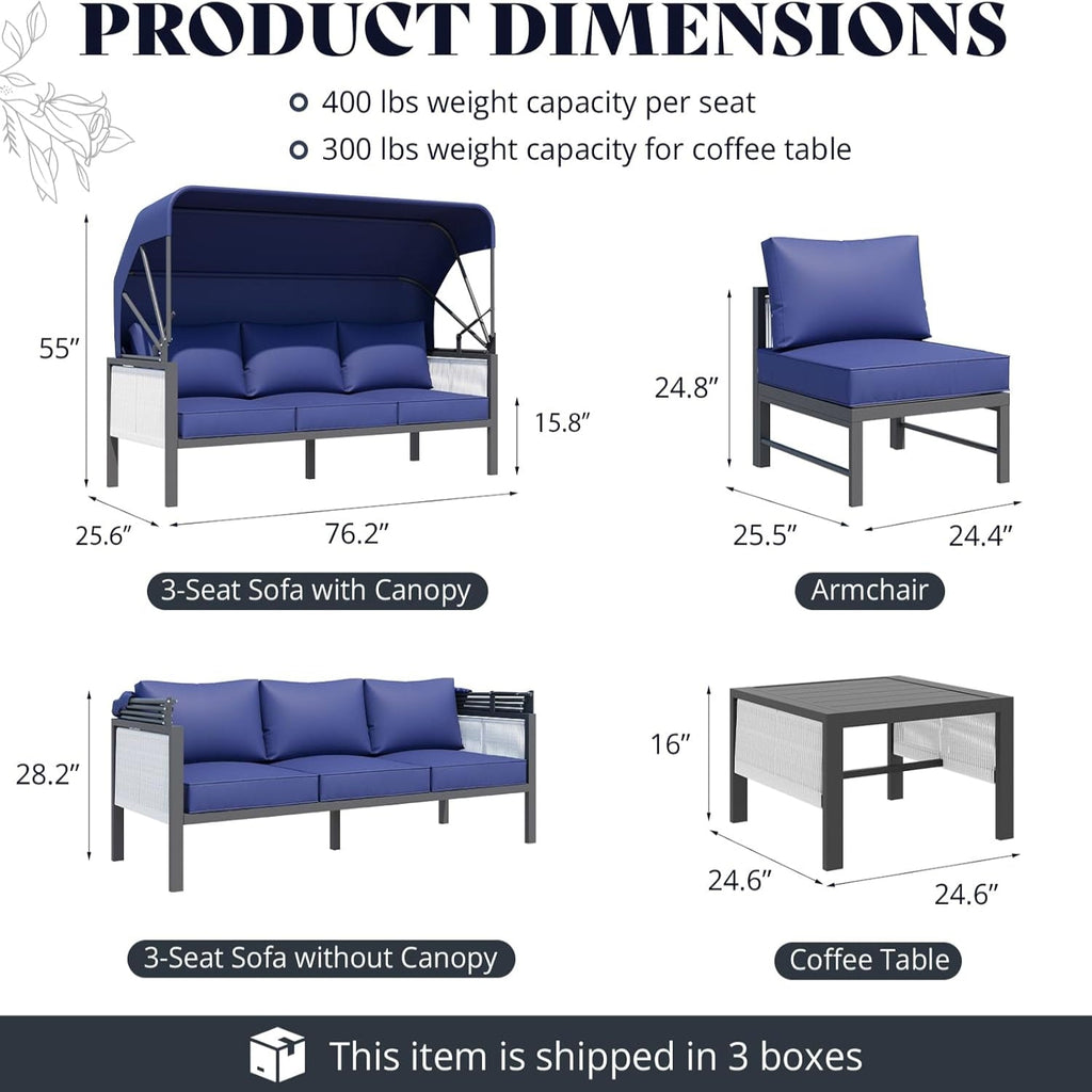 YODOLLA 4 Pieces Aluminum Patio Furniture Set, Retractable Canopy, Dark Blue