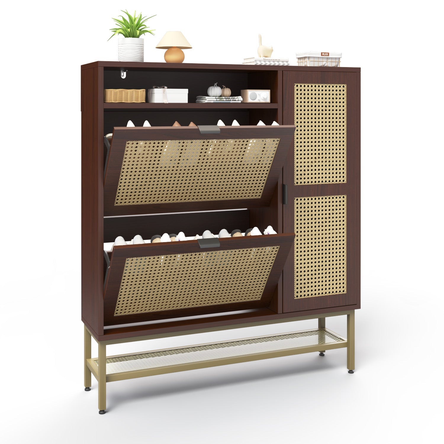 YODOLLA Rattan Shoe Cabinet with 3 Flip Drawers, Brownbest