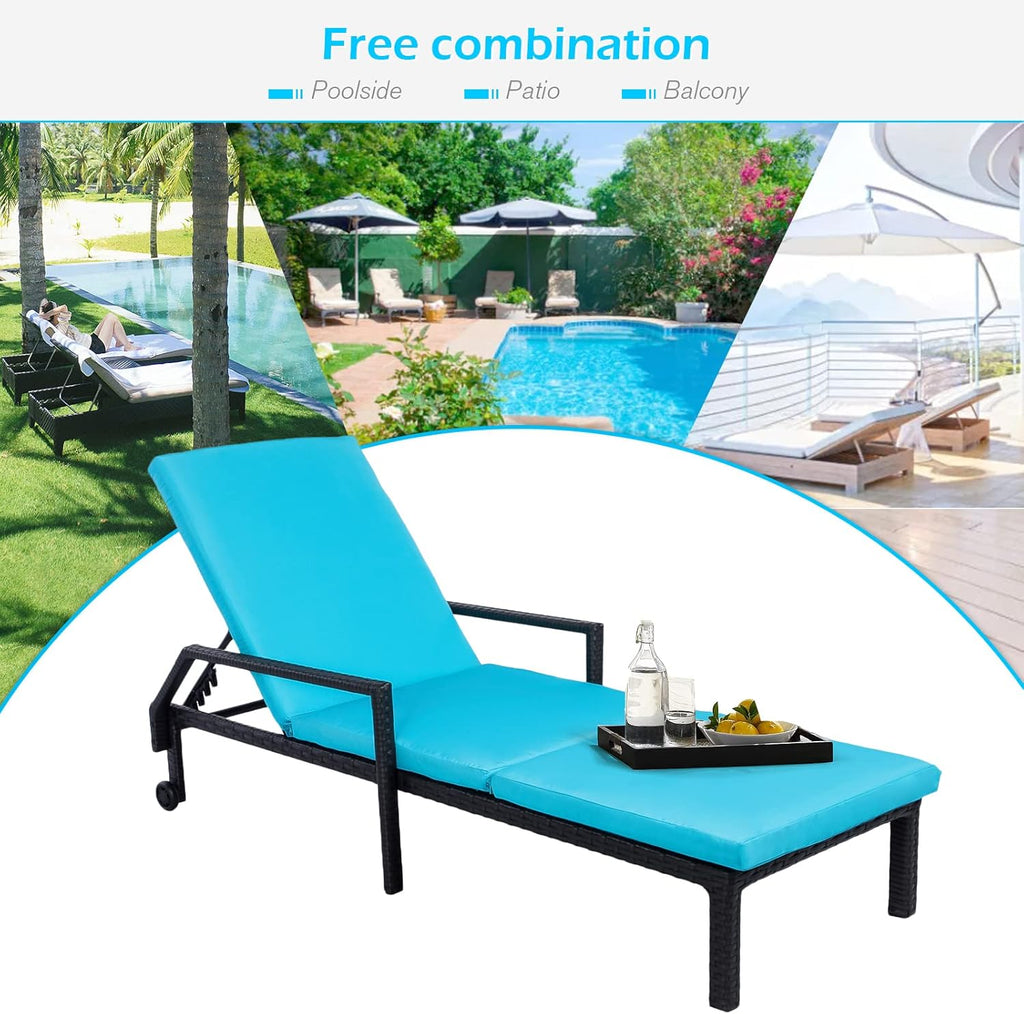 YODOLLA 2 PCS Outdoor Lounge Chairs, Black Rattan with Blue Cushion