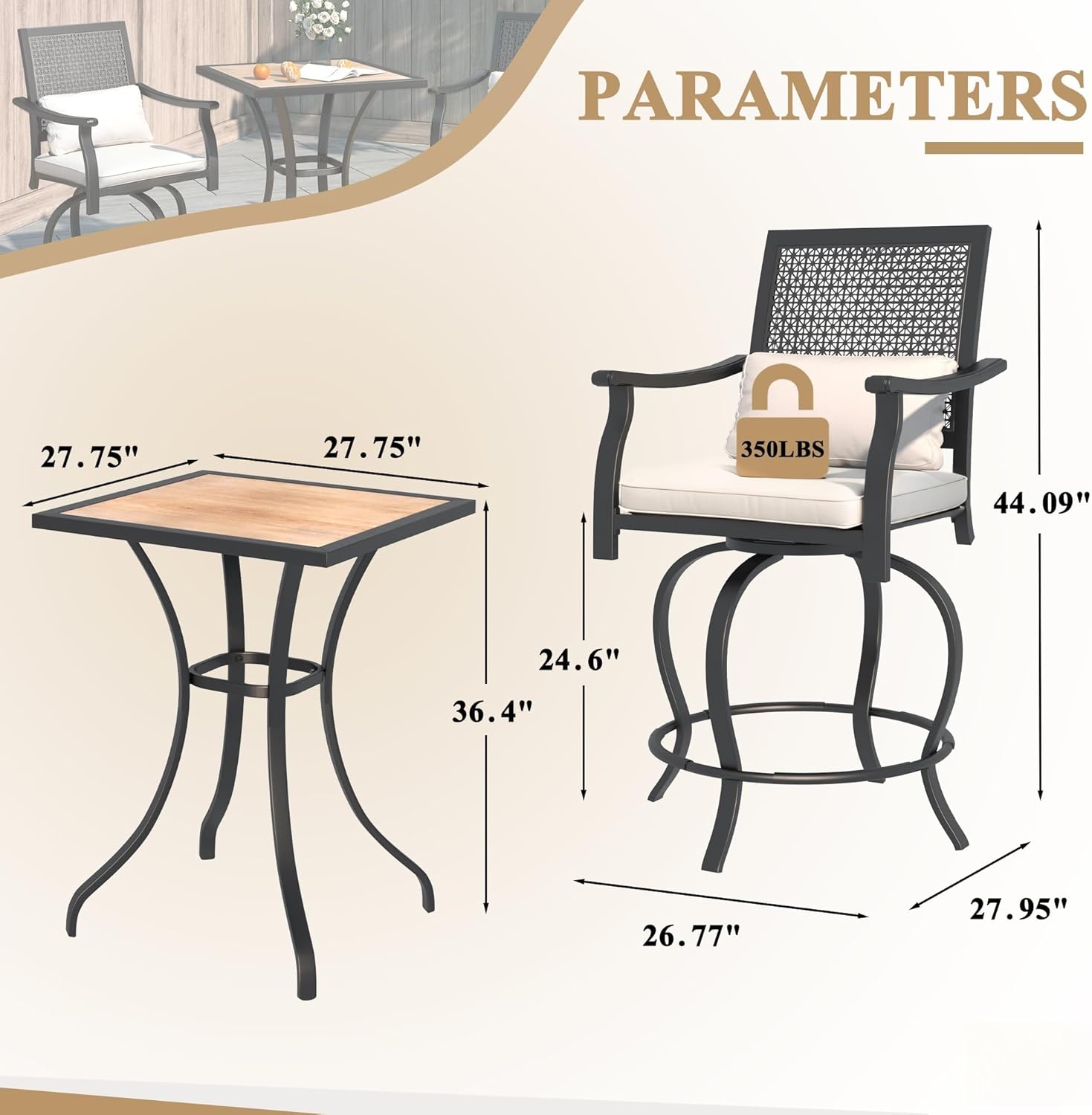 YODOLLA 3 Piece Swivel Bar Set with Cushion, Patio High Top Table and Chairs