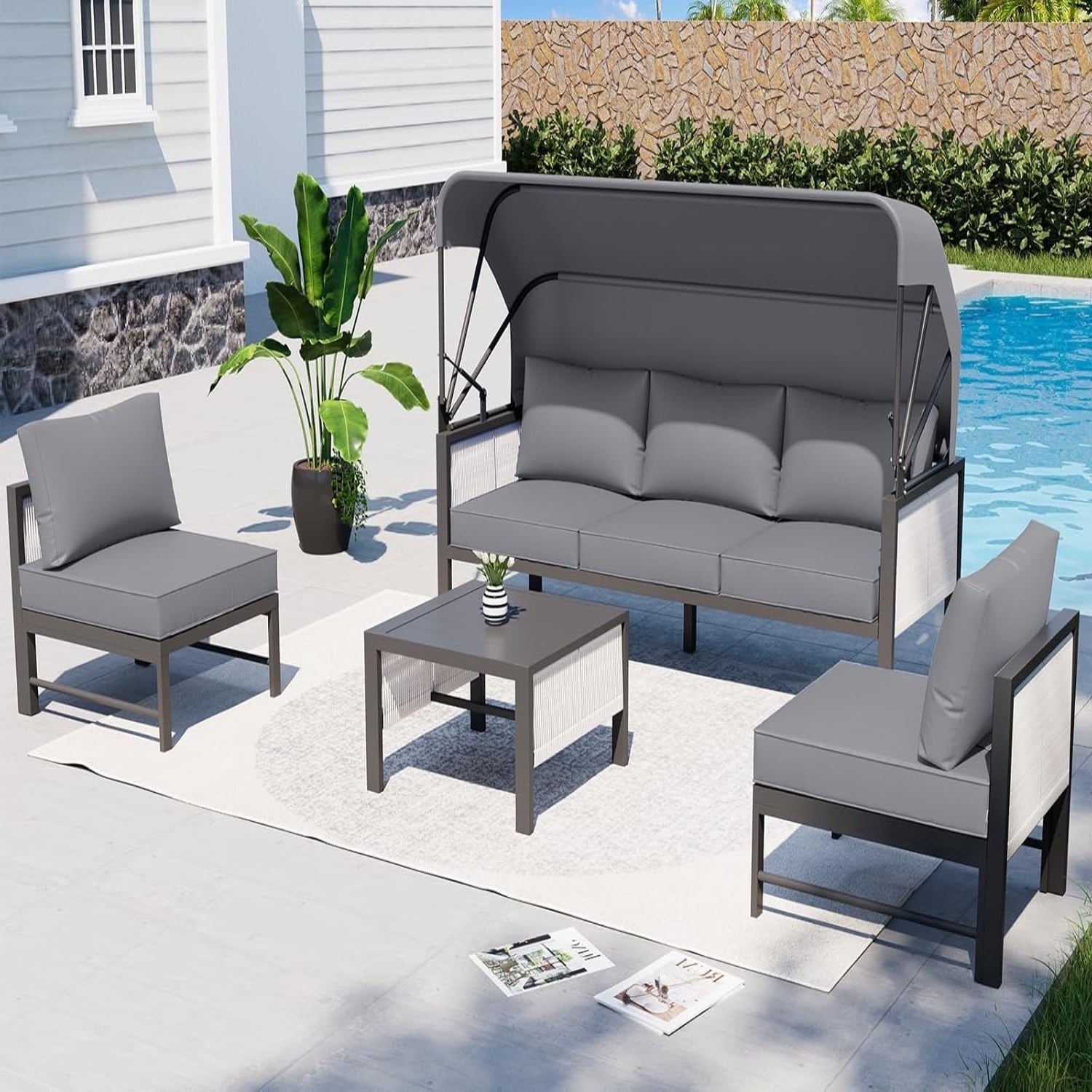 YODOLLA 4 Pieces Aluminum Patio Furniture Set, Retractable Canopy, Light Grey