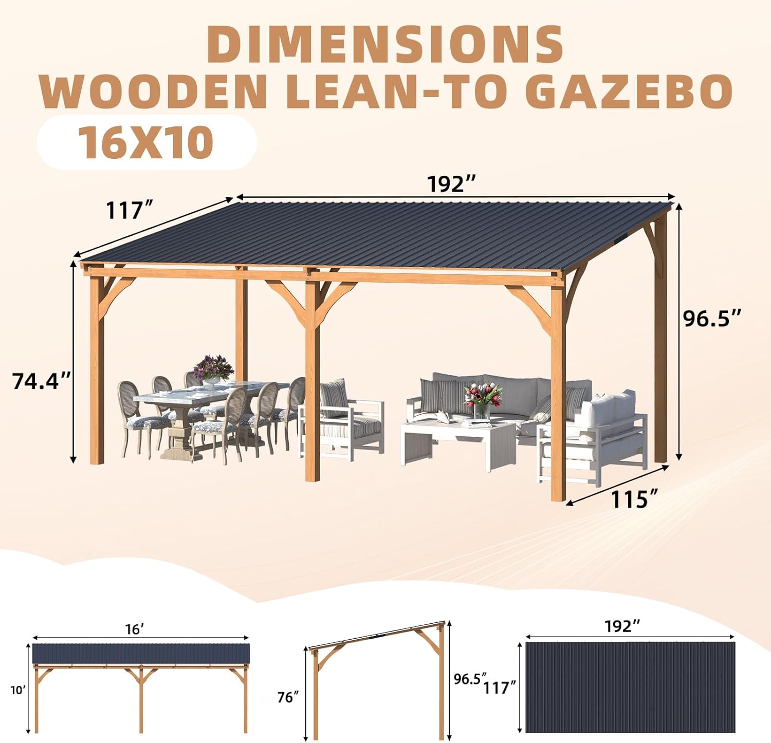 YODOLLA Outdoor Wooden Gazebo, Patio Lean to Hardtop Pergolas and Gazebos