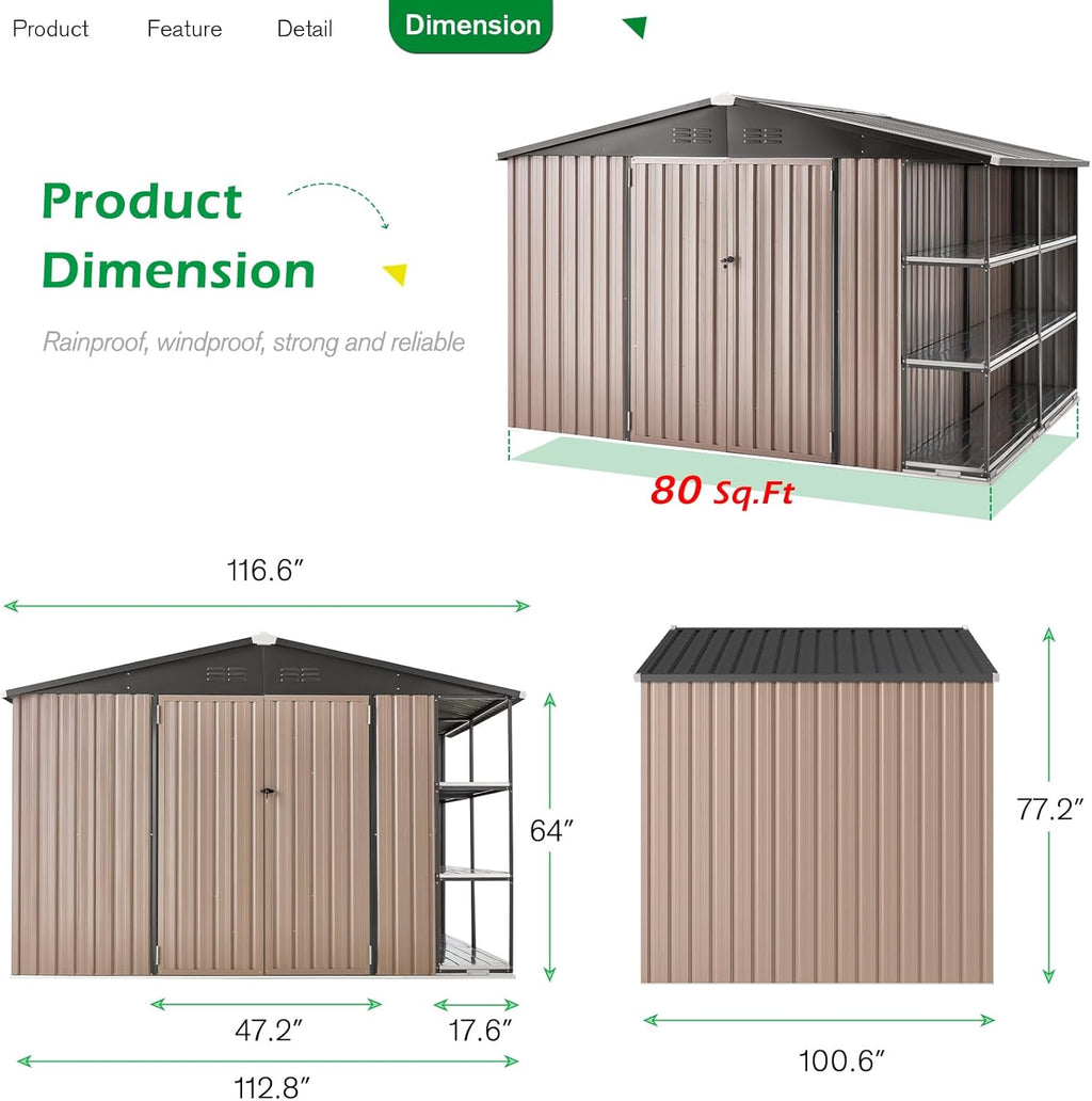 YODOLLA 10x8 Metal Storage Shed with Rack