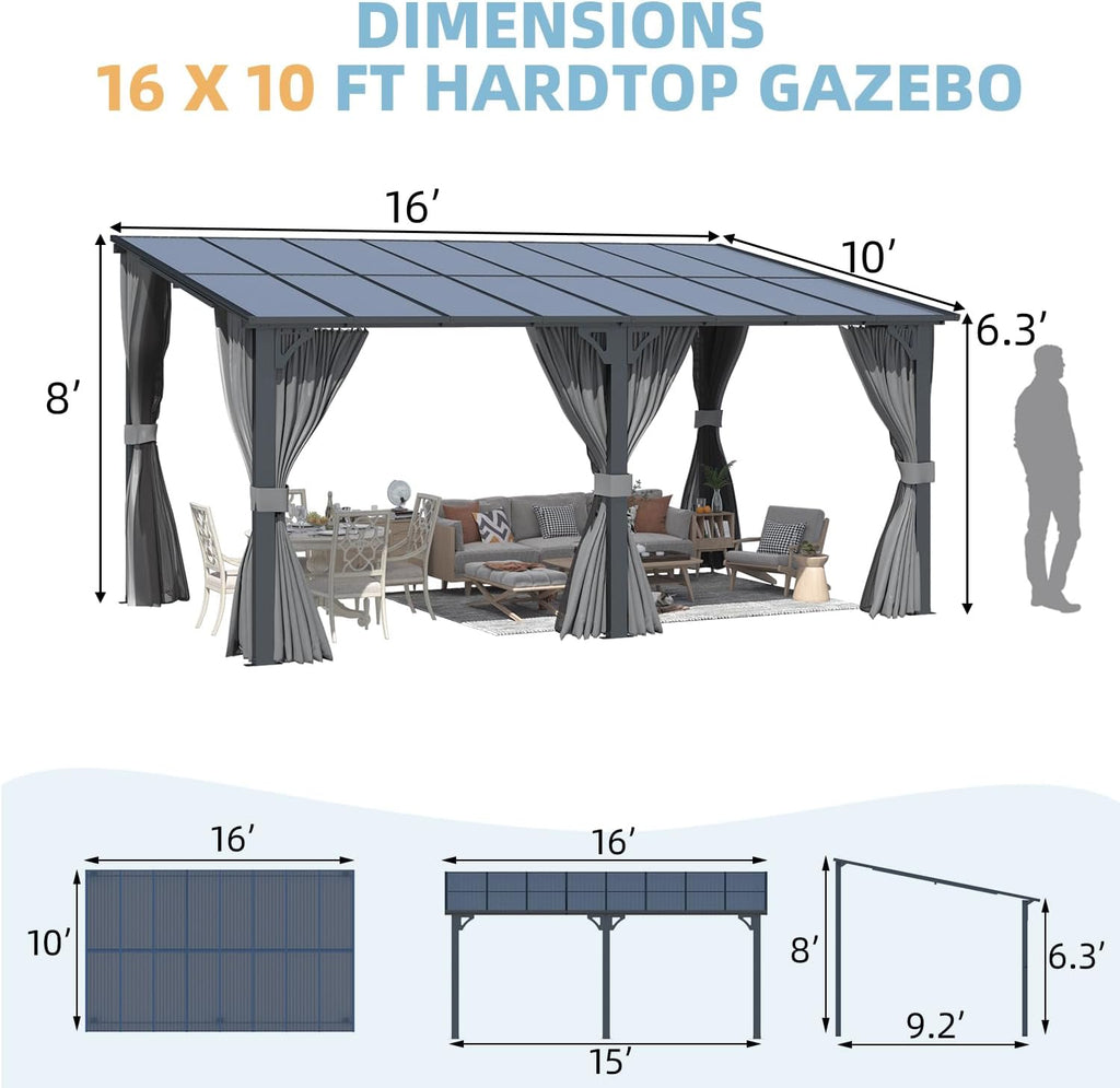 YODOLLA 16' x 10' Gazebo Outdoor Pergola for Patio with Curtains and Netting