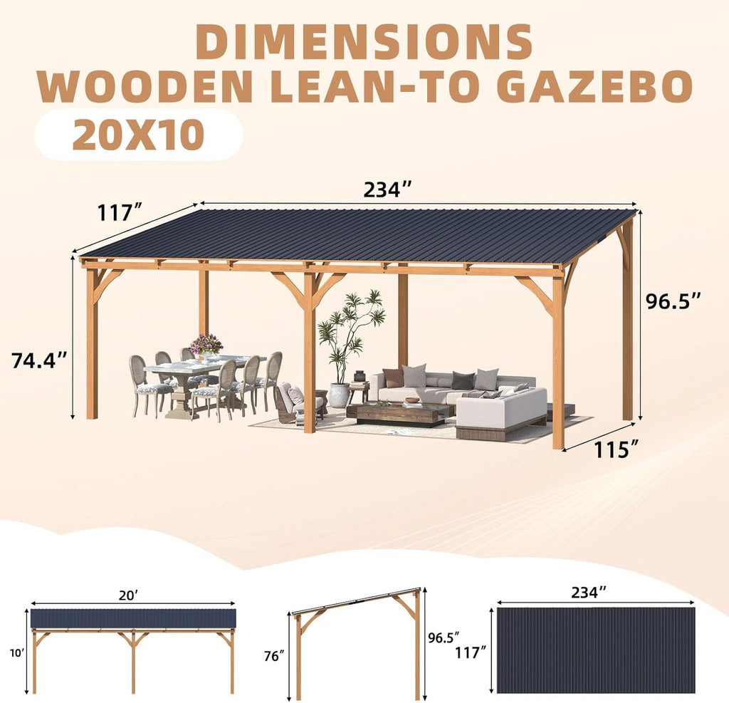 YODOLLA Outdoor Wooden Gazebo, Patio Lean to Hardtop Pergolas and Gazebos