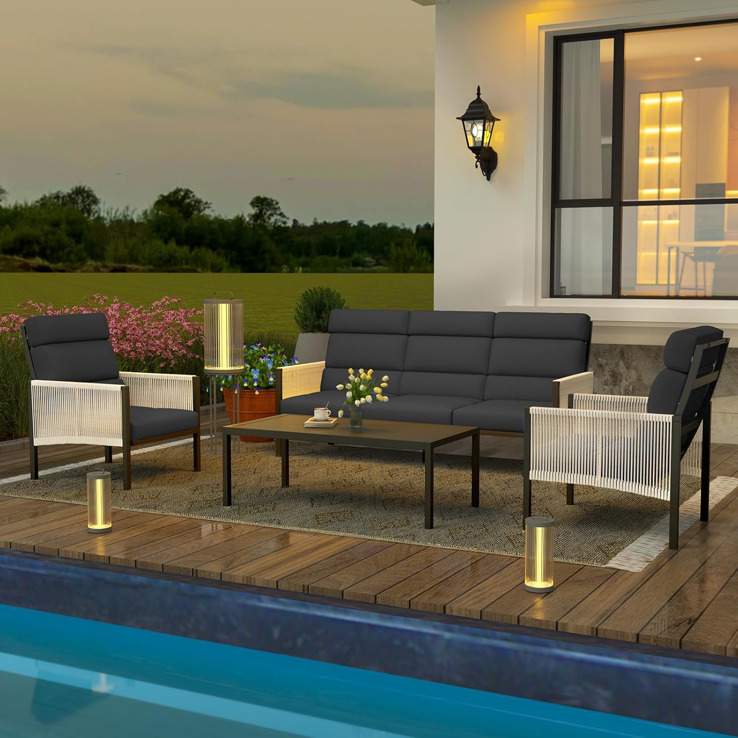 YODOLLA 4 Pieces Aluminum Patio Furniture Set with PE Rope Armrest, Dark Greybest