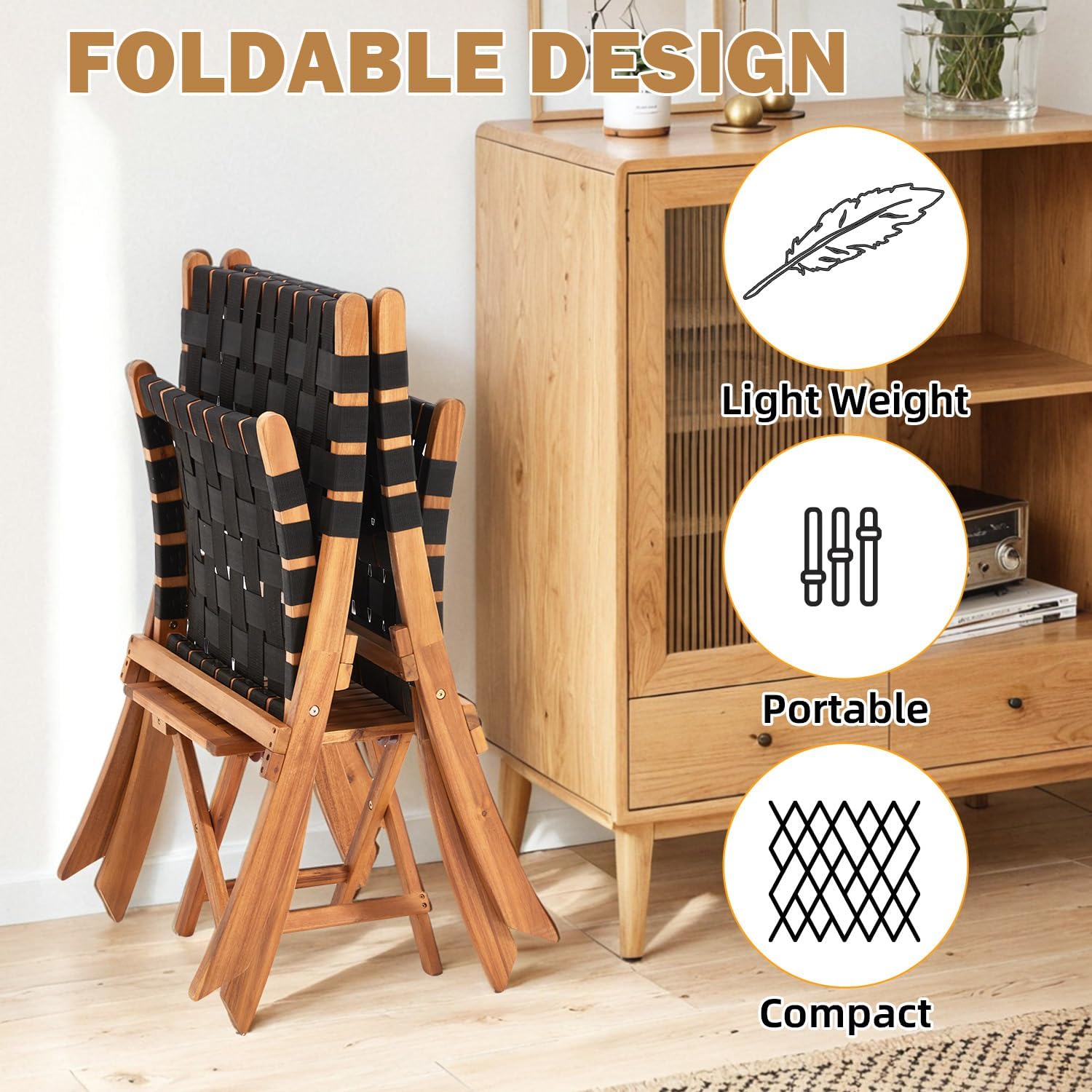 YODOLLA 3 Piece Patio Furniture Set, Acacia Wood Bistro Set with Coffee Table & Folding Chairs