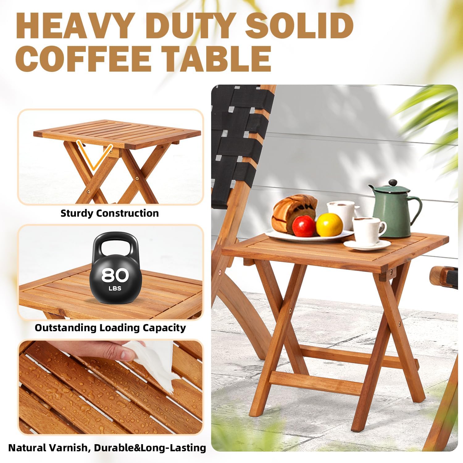 YODOLLA 3 Piece Patio Furniture Set, Acacia Wood Bistro Set with Coffee Table & Folding Chairs