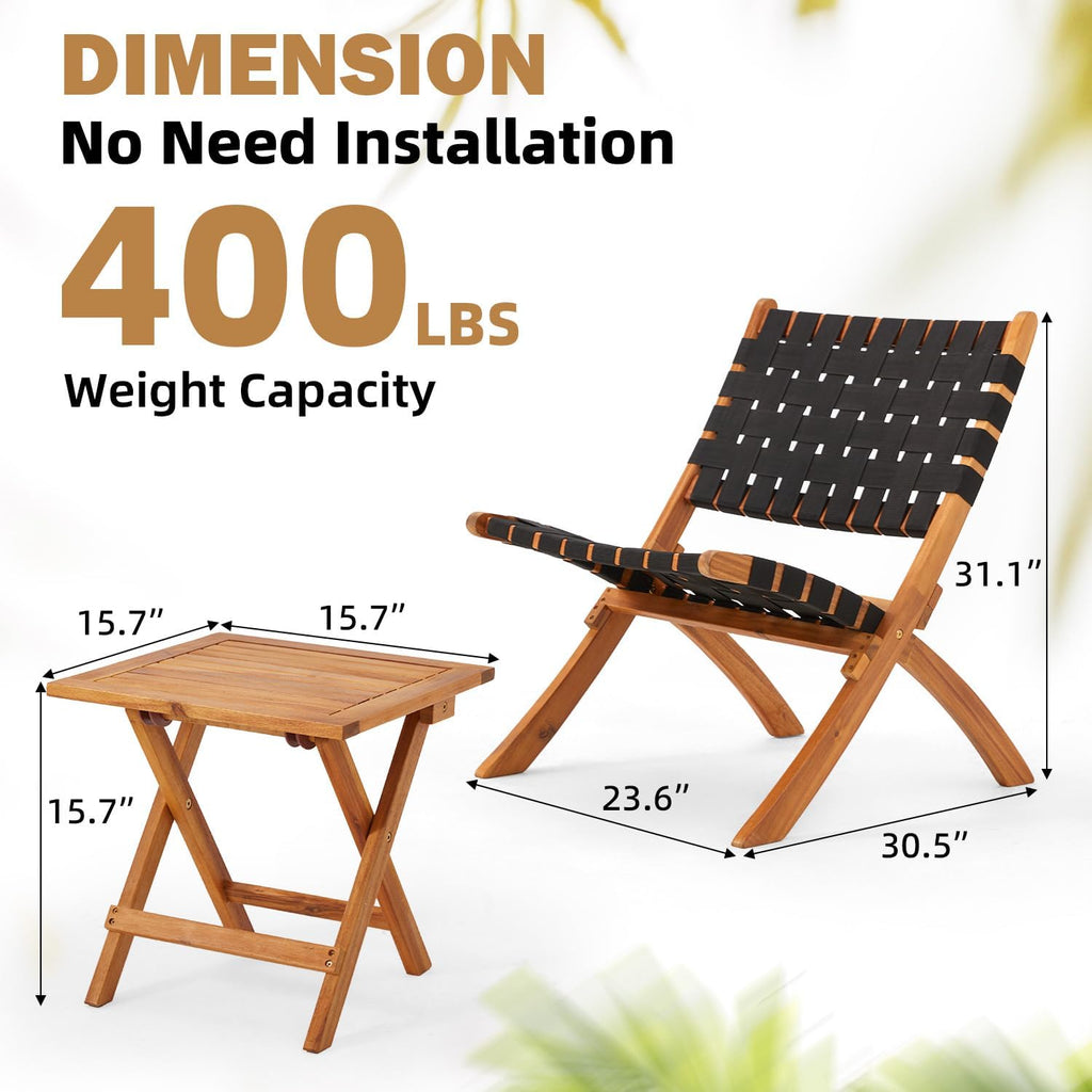 YODOLLA 3 Piece Patio Furniture Set, Acacia Wood Bistro Set with Coffee Table & Folding Chairs