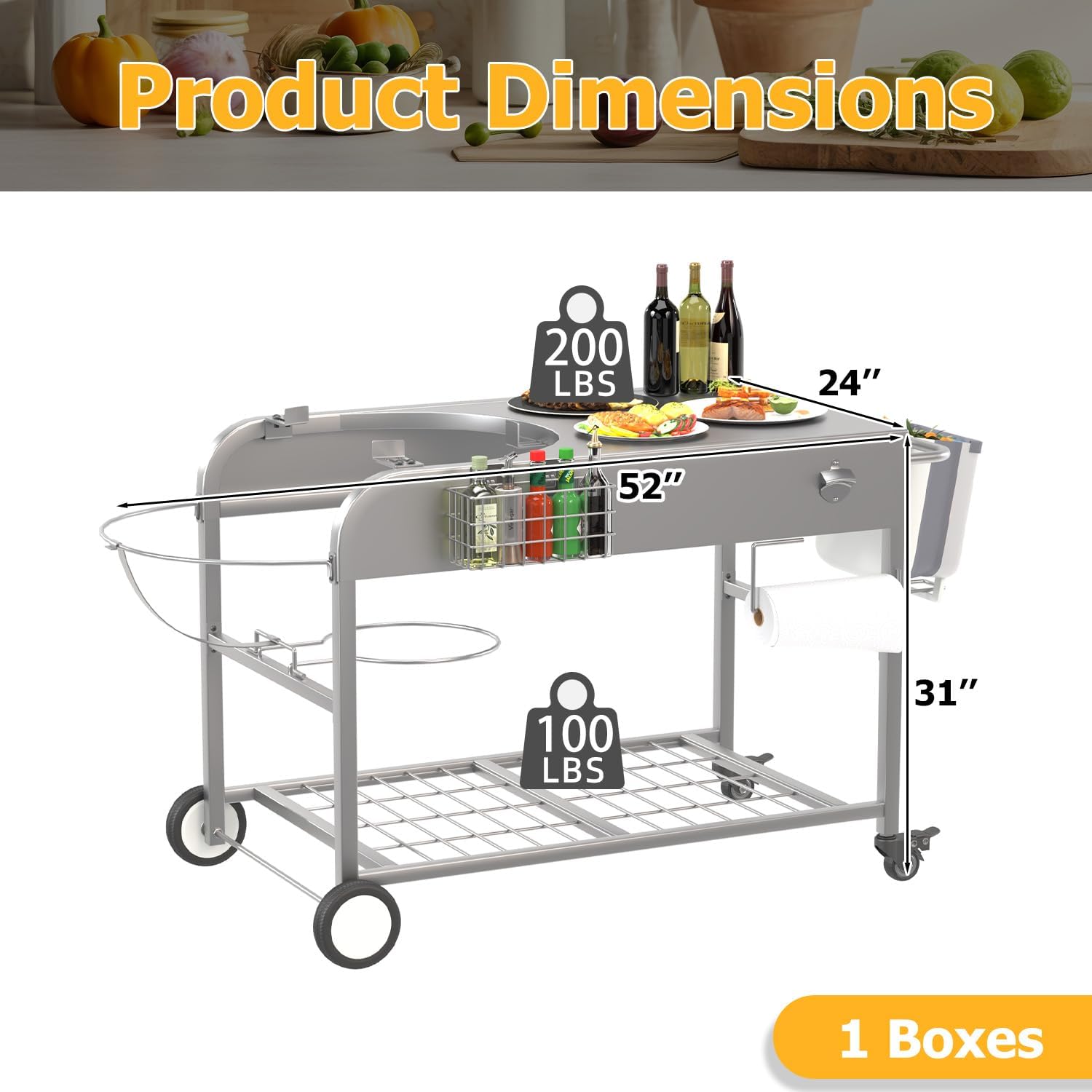 YODOLLA Outdoor Grill Cart with Wheels Kettle Grill Car, Silver