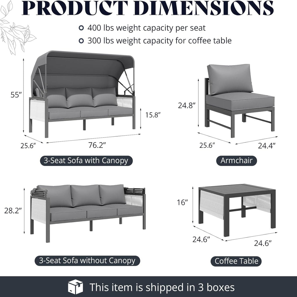 YODOLLA 4 Pieces Aluminum Patio Furniture Set, Retractable Canopy, Light Grey